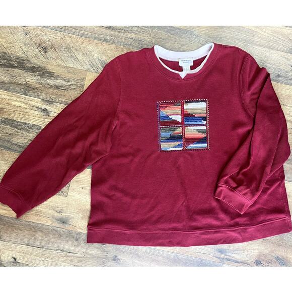 Vintage Monterey by Koret Maroon Ribbed Crochet Granny Square Crewneck 1X - Picture 2 of 6